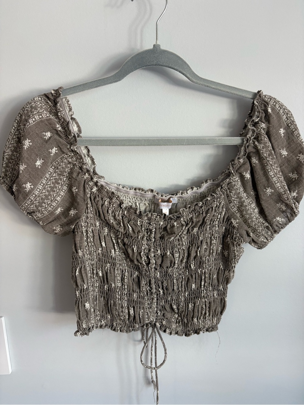 Olivaceous Taupe Smocked Puff Sleeve Crop Top
